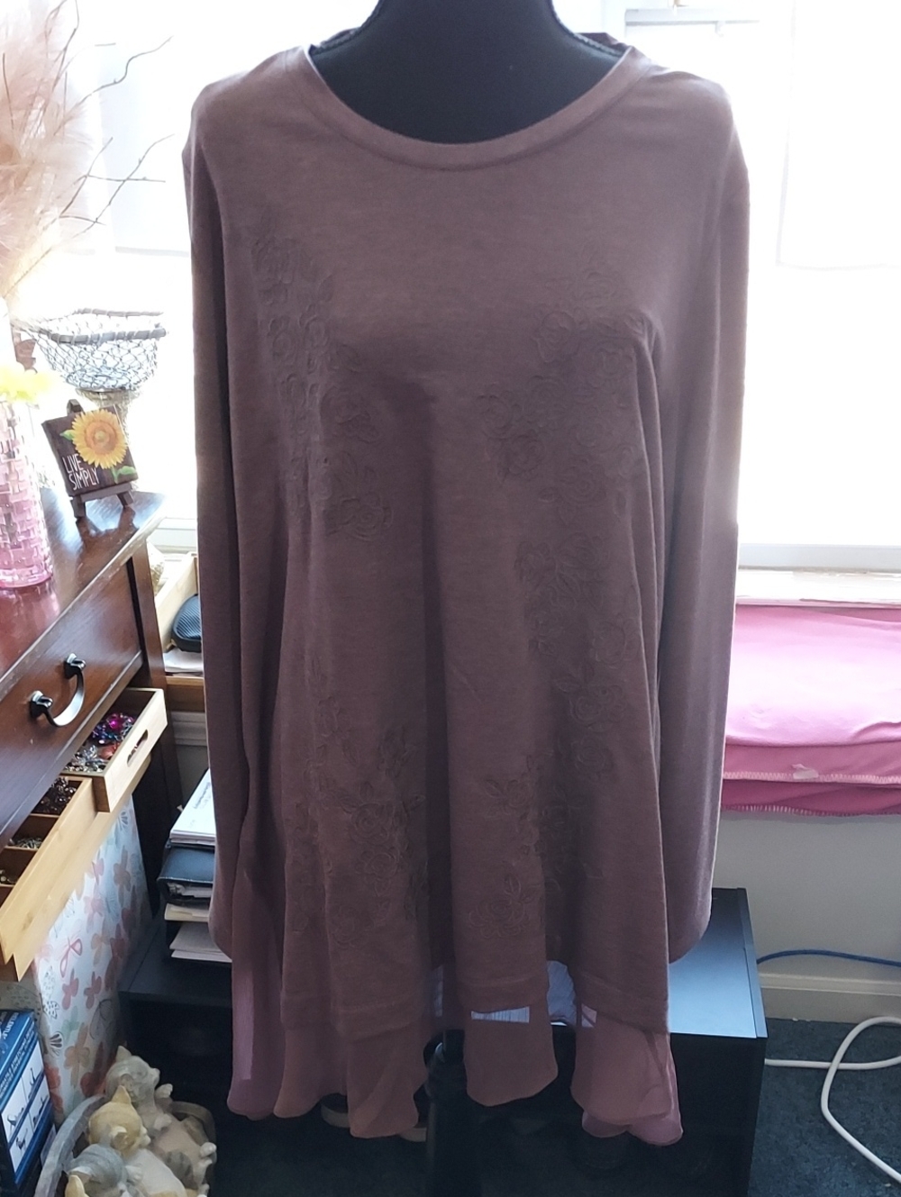 Women’s Long-Sleeve Tunic with Sheer Hem - Dusty Mauve